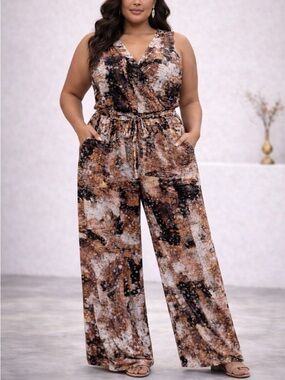 Sleeveless Tie-Waist Wide-Leg Jumpsuit in Rust Print